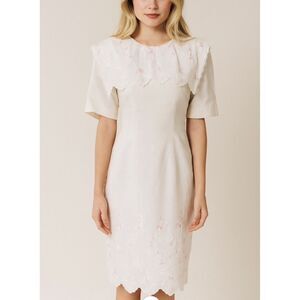 VINTAGE 80s JESSICA MCCLINTOCK WHITE PENCIL DRESS LACE EMBROIDERED BIB COLLAR